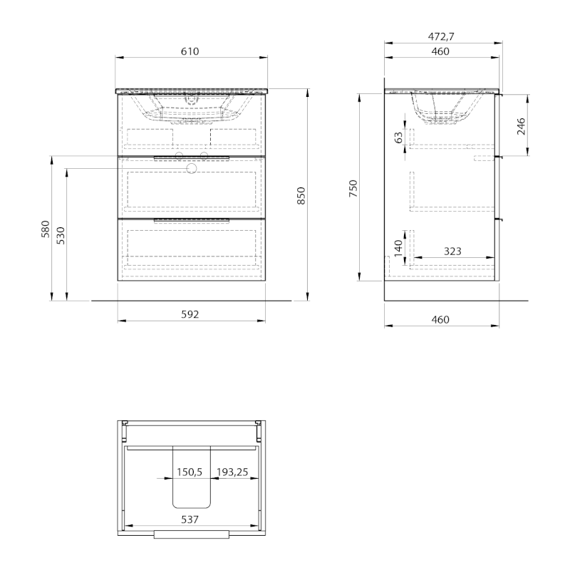 CIRASA umyvadlová skříňka 59,2x75x46cm, 3x zásuvka, dub stříbrný CR631-1111