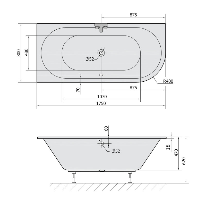 VIVA L SLIM asymetrická vana 175x80x47cm, bílá 70119S