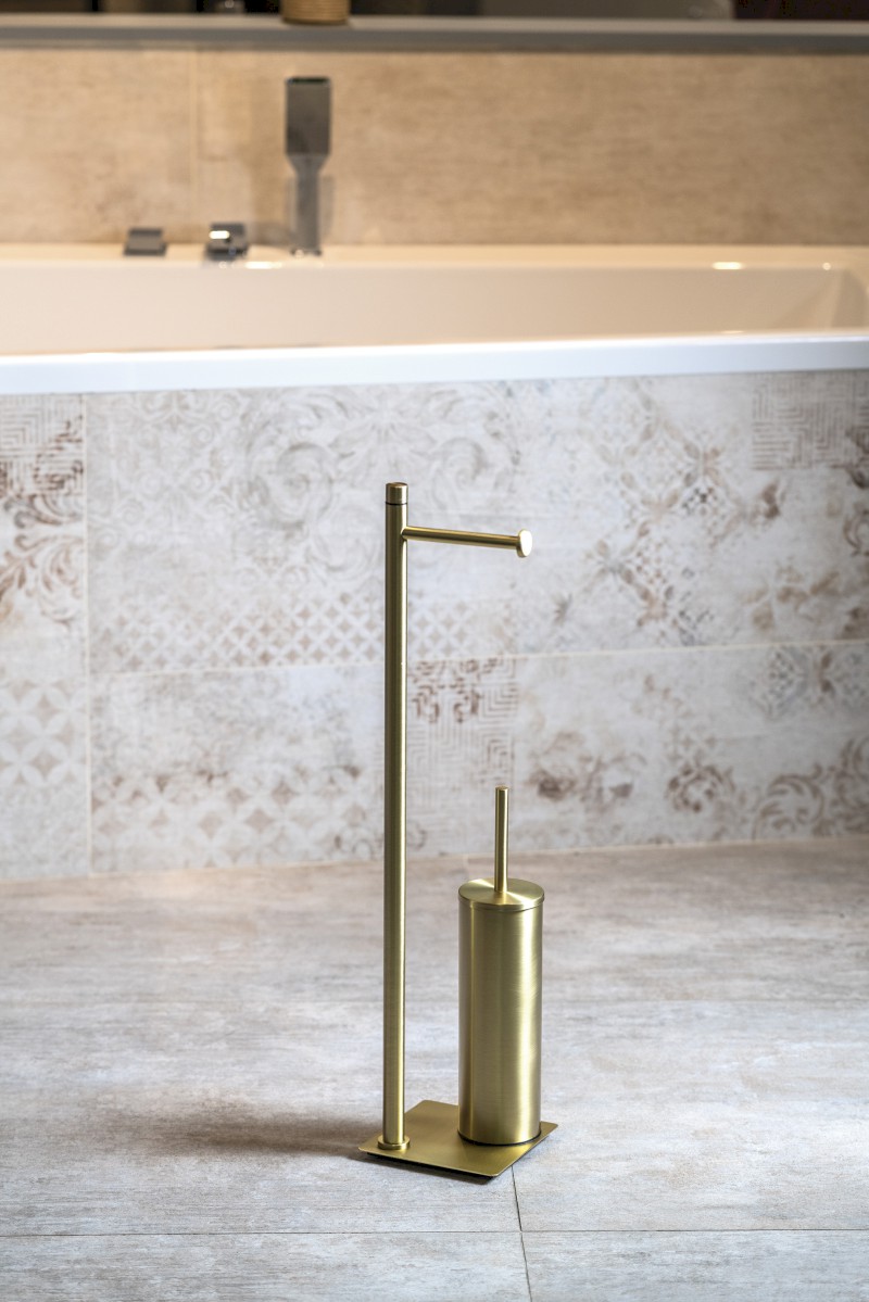 TRILLY stojan s držákem na toaletní papír a WC štětkou, hranatý, zlato mat TR3288