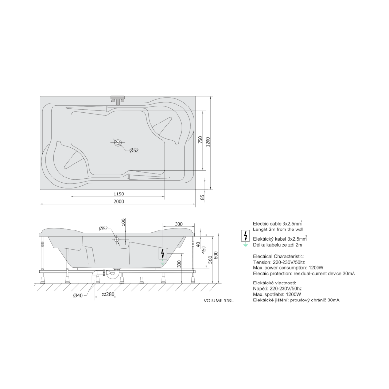 DUO hydromasážní vana, 200x120x45cm, Attraction Hydro, chrom 16111.3010