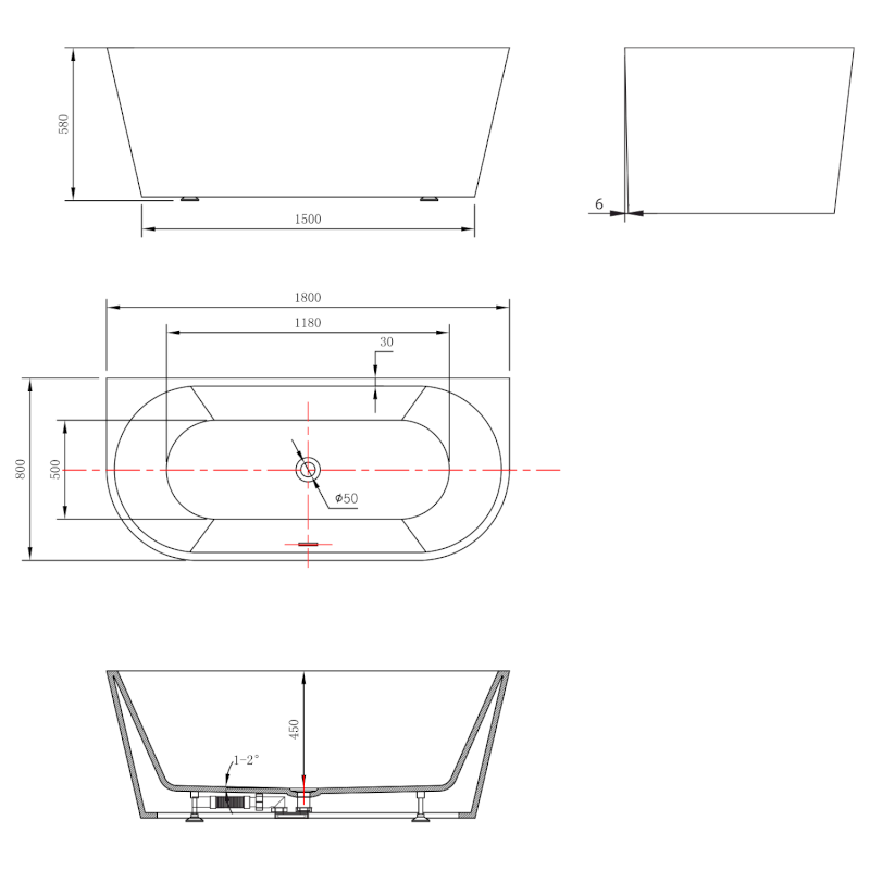TAJO nástěnná stojící vana, 180x80cm, bílá E1990