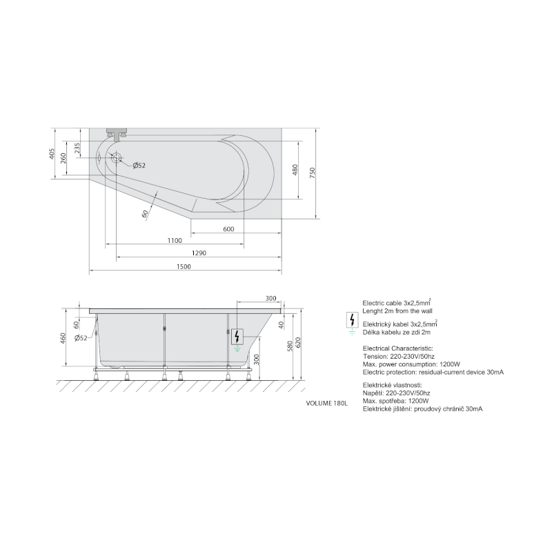 TIGRA R hydromasážní vana, 150x75x46cm, Highline Hydro, chrom 72933.5010