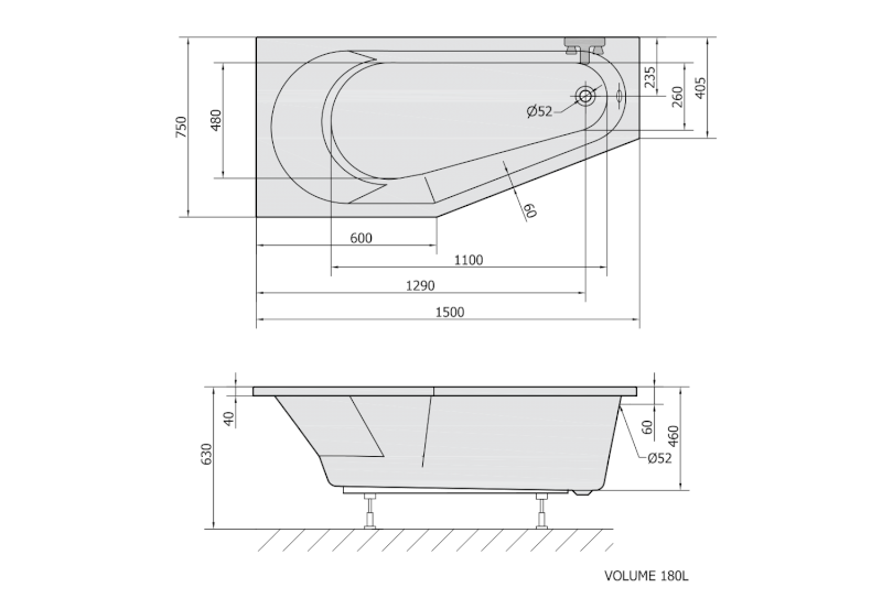 TIGRA L asymetrická vana 150x75x46cm, bílá 72928