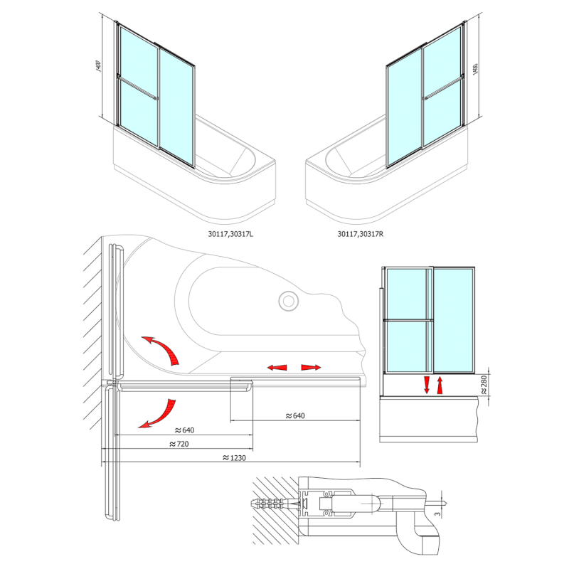 OLBIA vanová zástěna s pneumatickým zdvihem, š. 1230mm, stříbrná, čiré sklo 30317