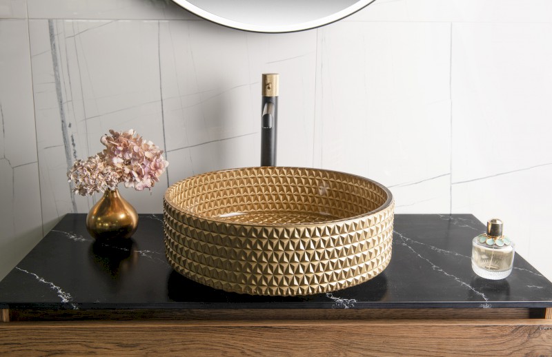 MARAGUA skleněné gravírované umyvadlo na desku Ø 39,5cm, zlatá TY214Z