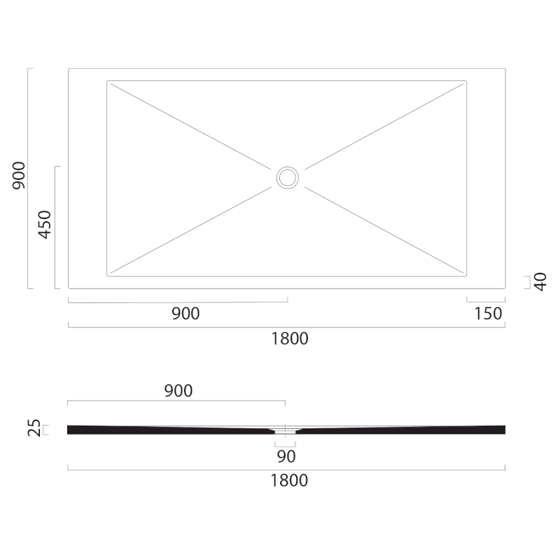 Keramická sprchová vanička, obdélník 180x90x2cm, cenere mat 46180917