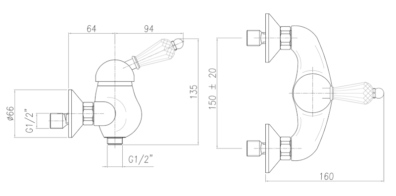 KIRKÉ CRYSTAL nástěnná sprchová baterie, páčka krystal, chrom KI11KC