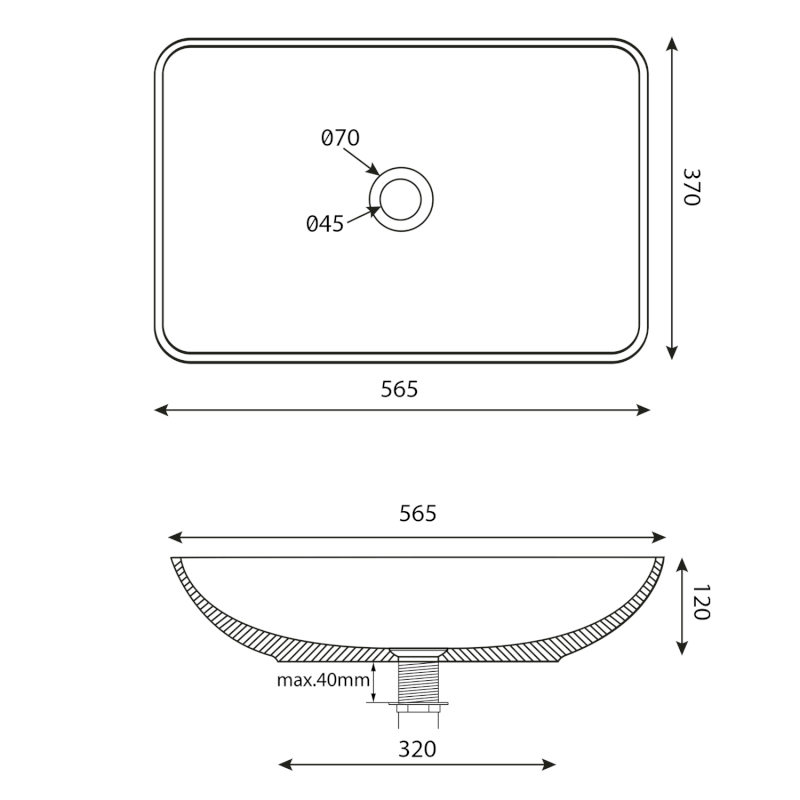 INFRANE betonové umyvadlo na desku, včetně výpusti, 57x37cm, černý granit AR464
