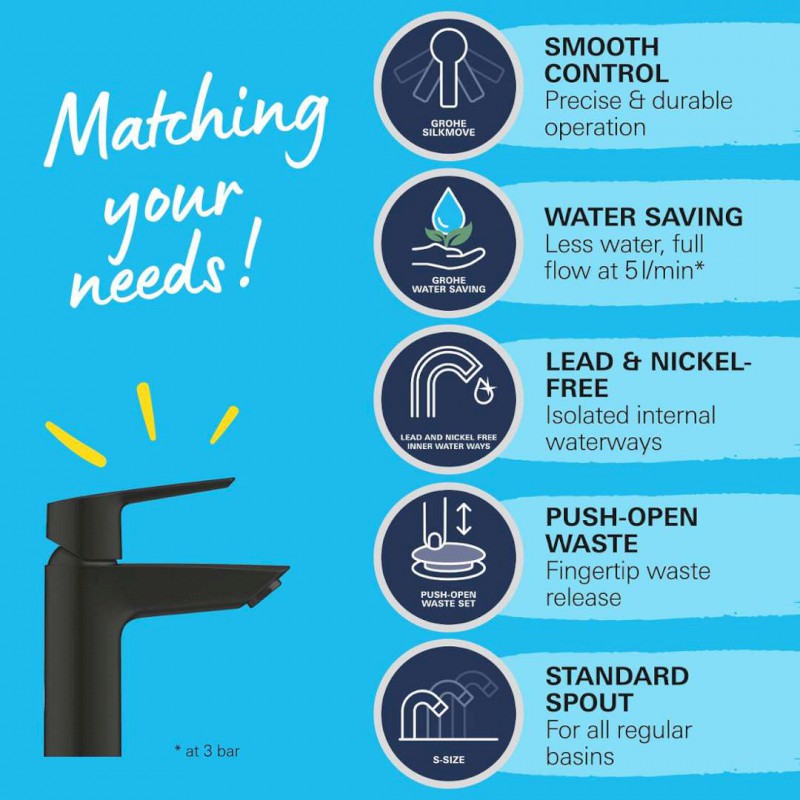 QuickFix Start Umyvadlová baterie s výpustí Push-Open, matná černá GROHE 235502432