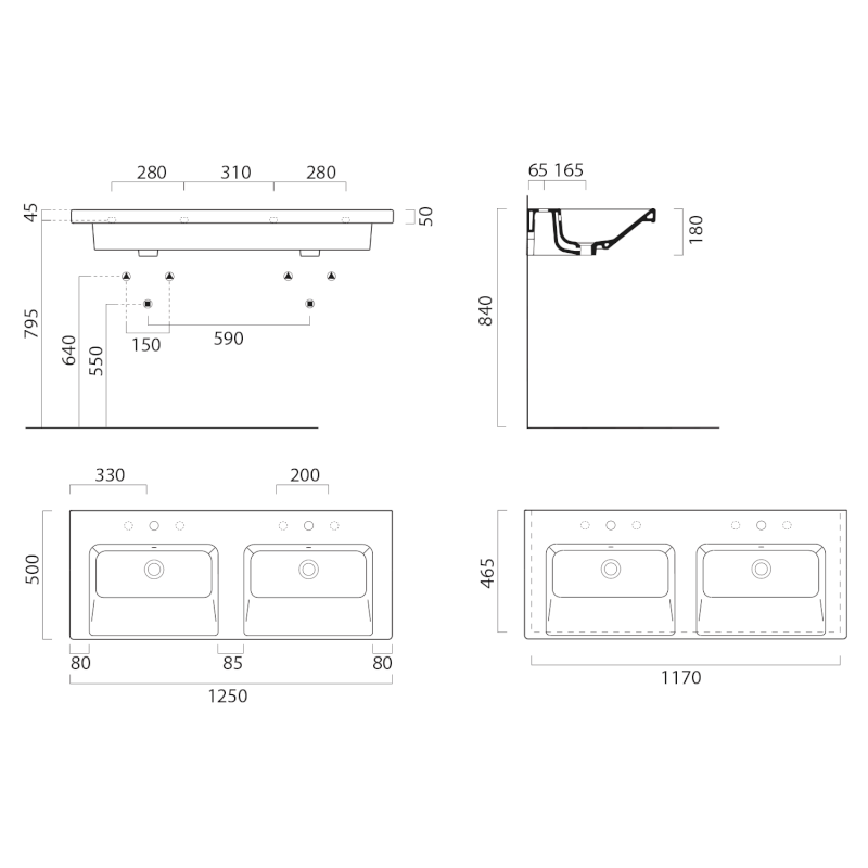 NORM keramické dvojumyvadlo 125x50cm, bez otvoru, bílá ExtraGlaze 8627011