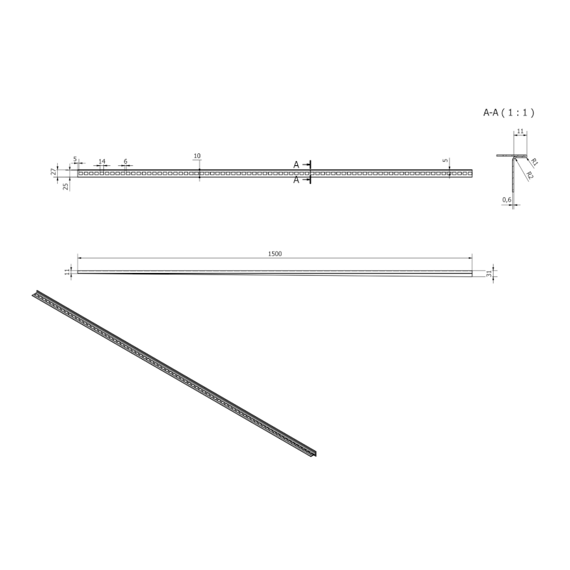 Spádová lišta, pravá, výška 10 mm, délka 1500 mm, nerez mat SPD1510-P