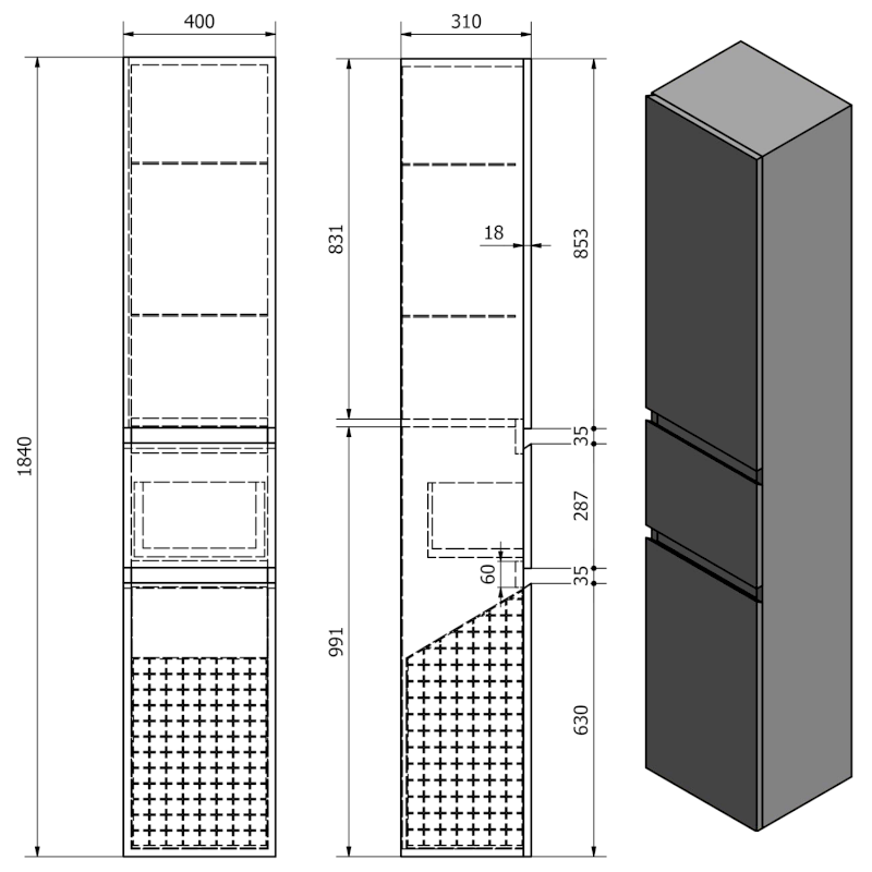 ALTAIR vysoká skříňka s košem 40x184x31cm, pravá, bílá AI185R
