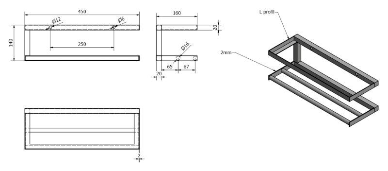 SKA nástěnná police 450x140x160mm, černá mat s bílou MDF deskou SKA401