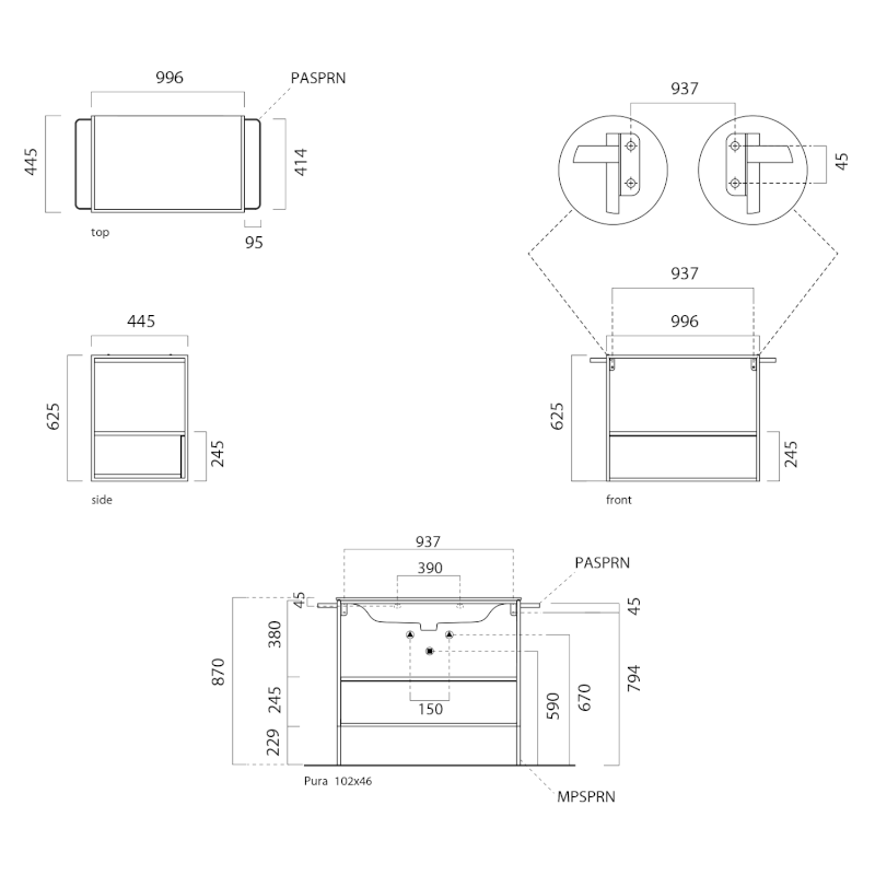PURA nábytková nožička, výška 229mm, pro konstrukci MSAP82N/MSAP102N, černá MPSPRN