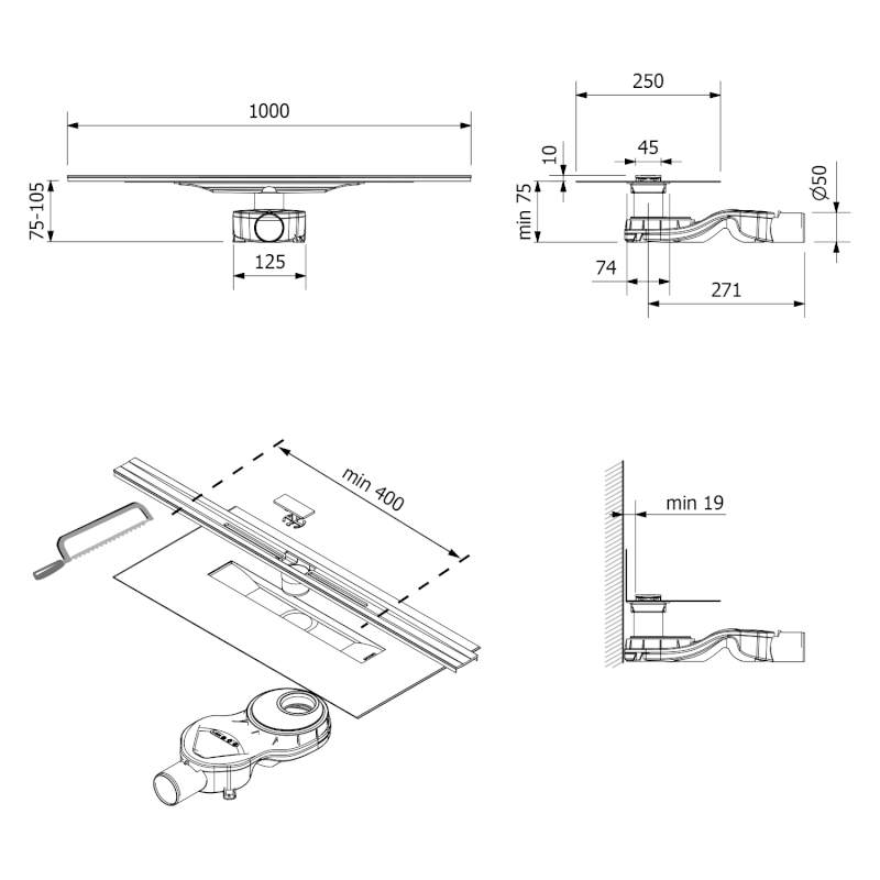 SLIM RIVER nerezový podlahový žlab s roštem, L.400-1000, DN50 RV100