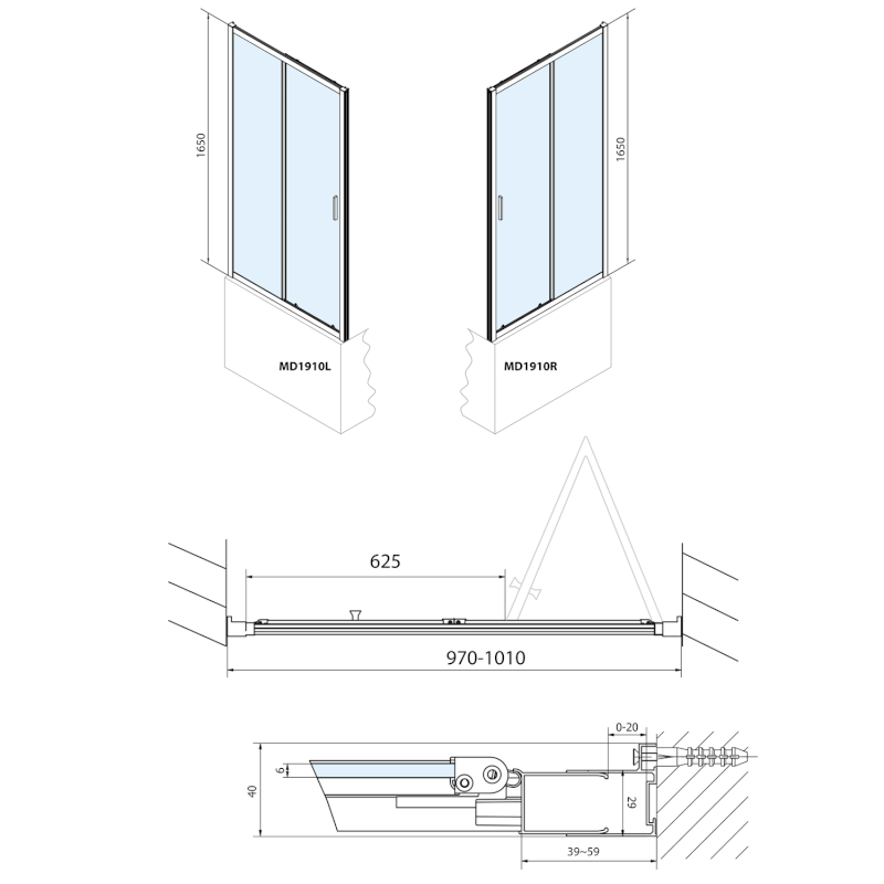 DEEP sprchové dveře skládací 1000x1650mm, čiré sklo MD1910