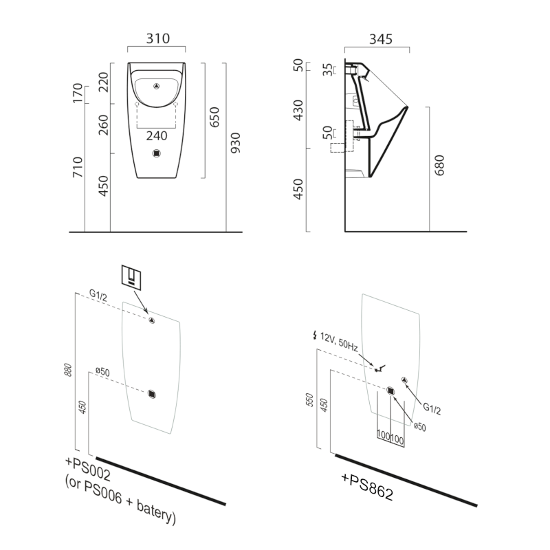 COMMUNITY urinál se zakrytým přívodem vody, 31x65cm, bílá mat 909709