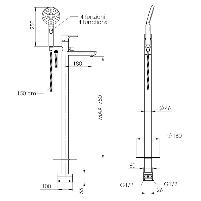 PAX vanová baterie s připojením do podlahy, chrom XA21
