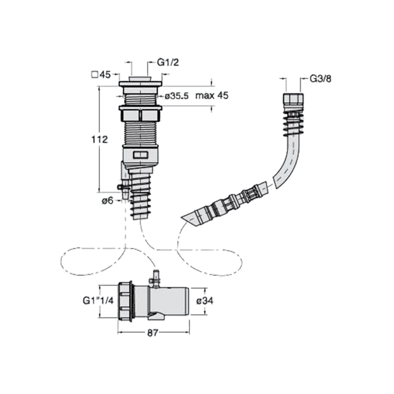 FOLLOW ME sprchová průchodka s odvodněním na okraj vany vč. hadice a drenážního kusu, hranatá, chrom PD468