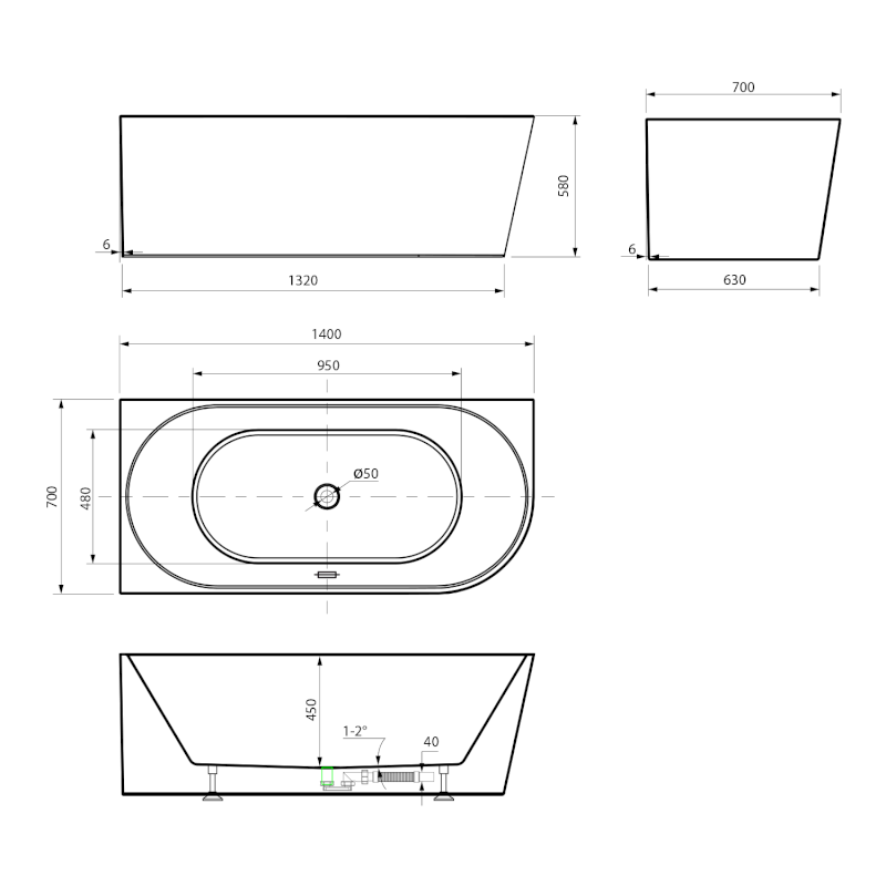 TIBERA L rohová stojící vana, 140x70cm, bílá E1066