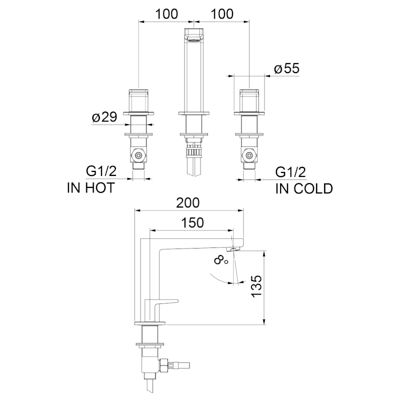 TURSI tříprvková stojánková umyvadlová baterie, chrom TI017