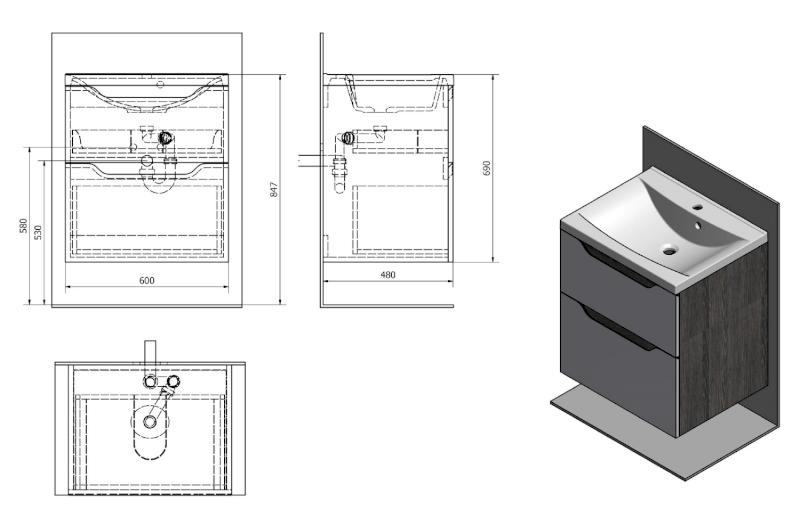 WAVE umyvadlová skříňka 60x65x47,8cm, bílá/dub stříbrný WA060-3011