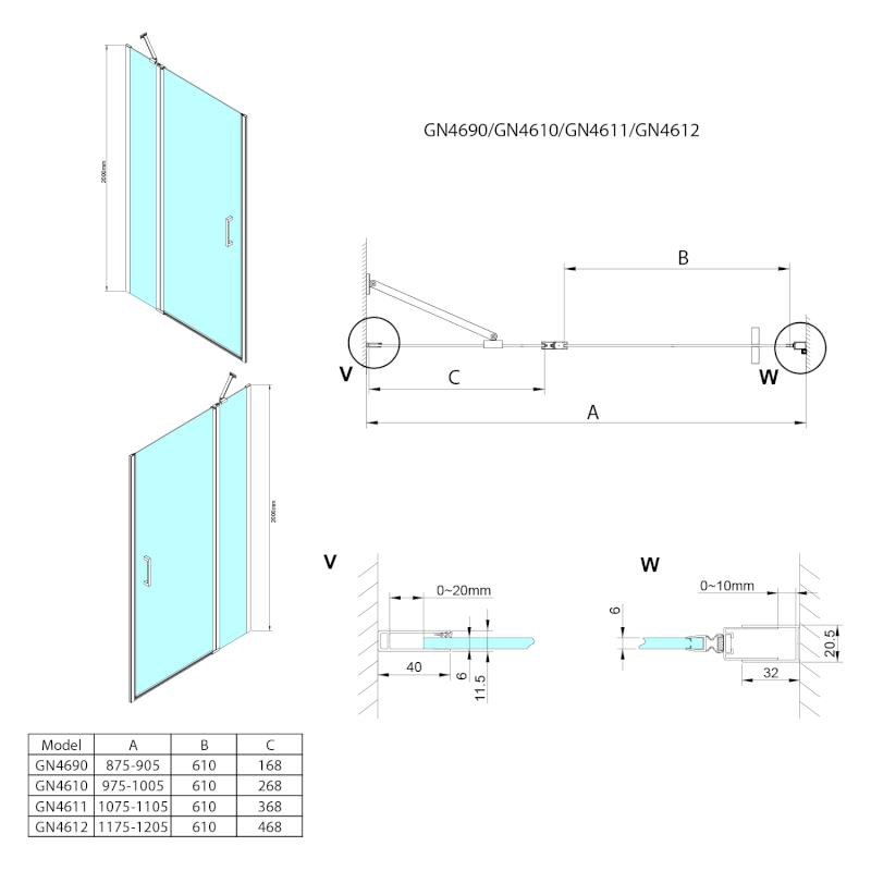 LORO sprchové dveře s pevnou částí 900mm, čiré sklo GN4690