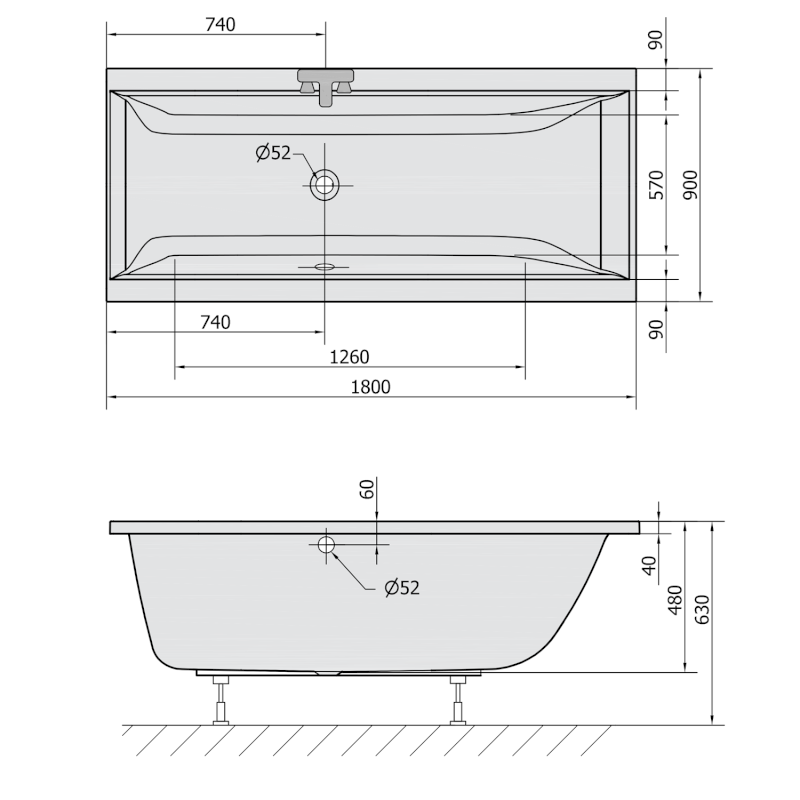 CLEO obdélníková vana 180x90x48cm, šedá 13111.30