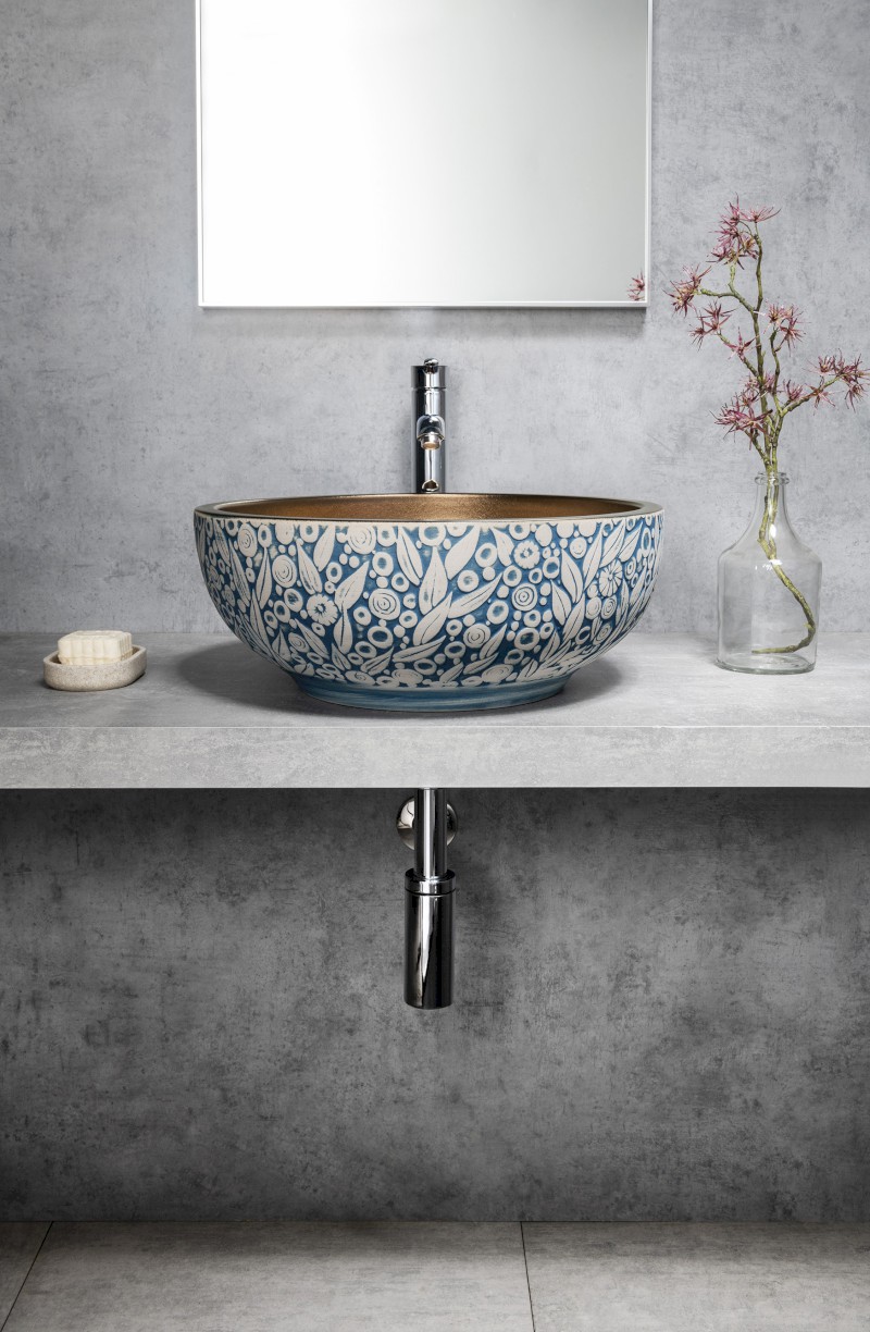 PRIORI keramické umyvadlo na desku, Ø 41 cm, měď/modrá se vzorem PI037
