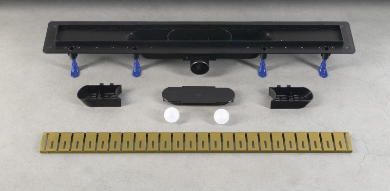 KLAVER podlahový žlab s nerezovým roštem, L-910, DN50, zlato mat 73741GB