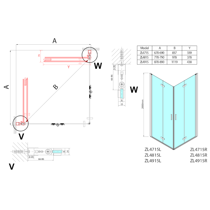 ZOOM sprchové dveře skládací 800mm, čiré sklo, levé ZL4815L