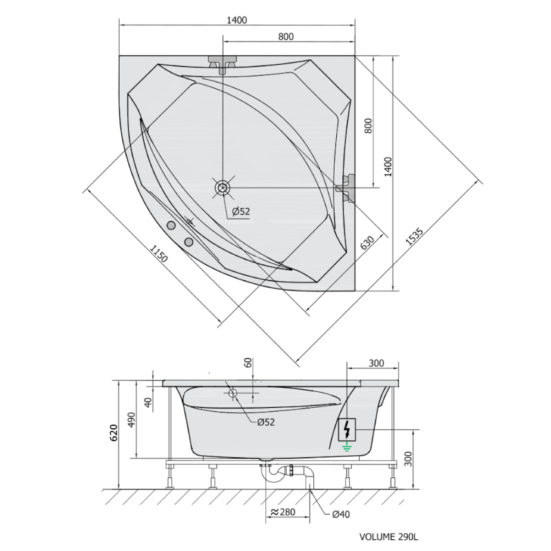 ROSANA hydromasážní vana, 140x140x49cm, Attraction Hydro, chrom 64119.3010