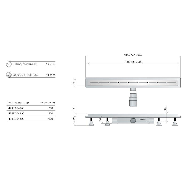 RENOVA ECO LINE podlahový žlab s nerezovým roštem, L-740, DN40 4943.904.8C