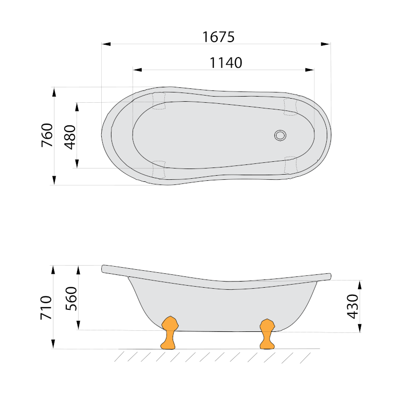 RETRO volně stojící vana 167,5x76x71cm, nohy chrom mat, bílá 42122