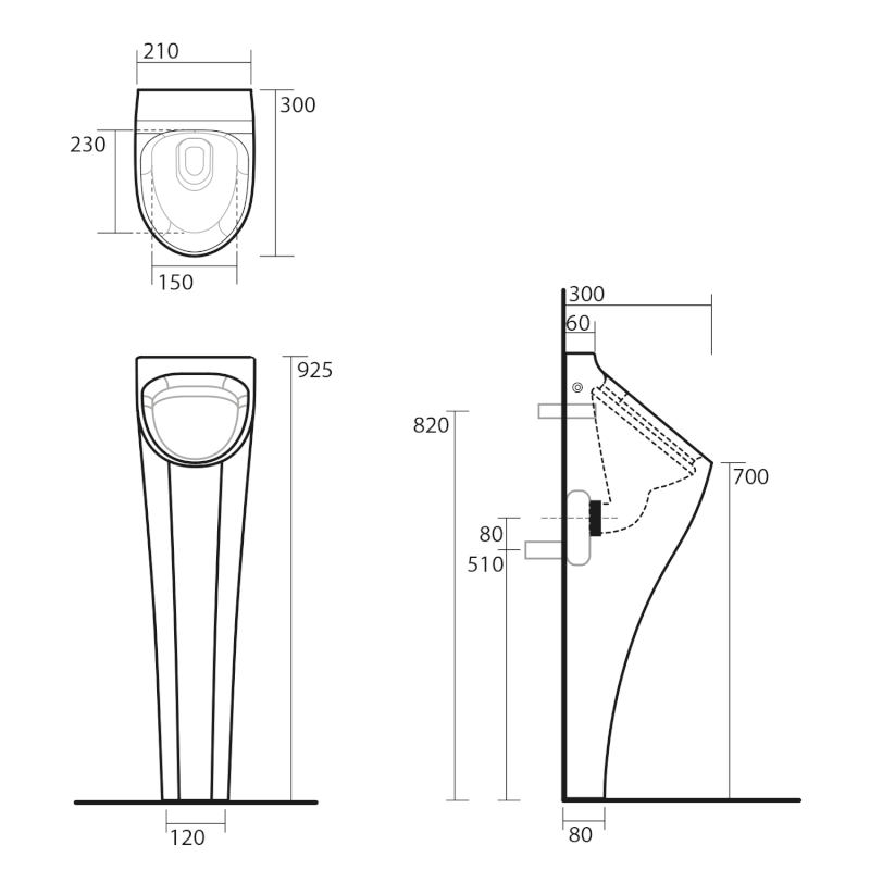 AQUATECH urinál na postavení se zakrytým přívodem vody 21x92,5x30 cm, včetně sifonu, bílá 373001