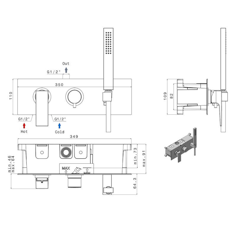 DIMY podomítková sprchová baterie s ruční sprchou, 2 výstupy, chrom DM142