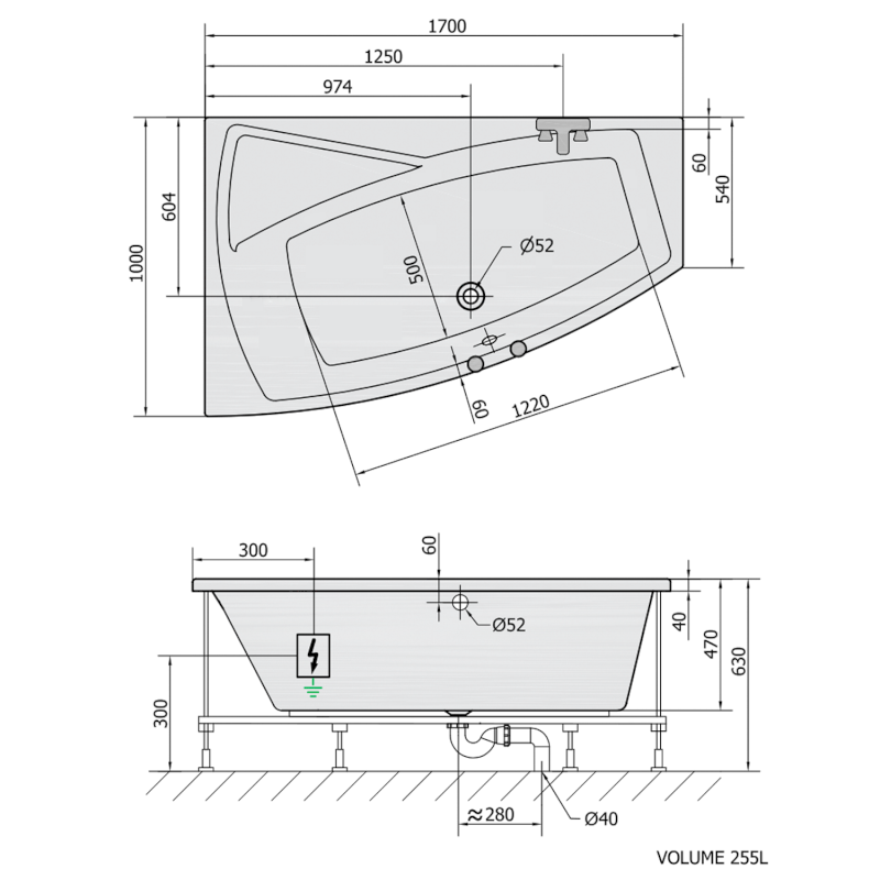 EVIA L hydromasážní vana, 170x100x47cm, Highline Hydro-Air, chrom 21611.6010