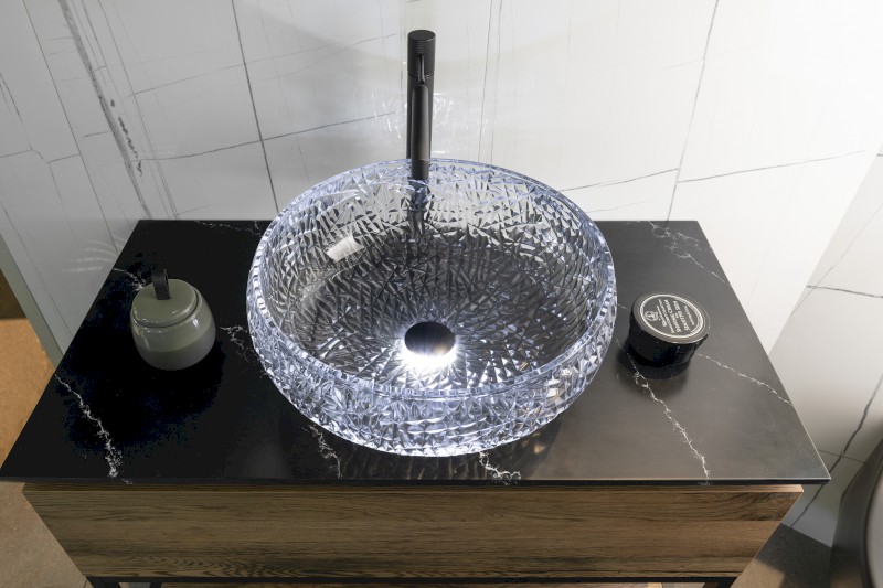 GAVIOTA skleněné gravírované umyvadlo na desku Ø 42cm, černá TY306