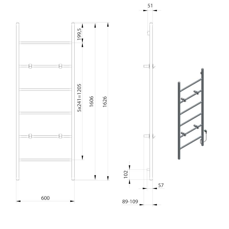 BARBO elektrický sušák ručníků, hranatý, 600x1600mm, 160 W, černá mat BB906