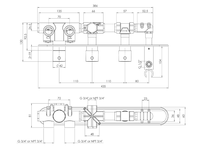 Podomítková termostatická sprchová/vanová baterie s držákem ruční sprchy, 2 výstupy,kulatá,chrom MB623