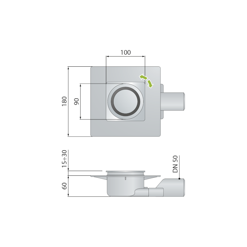 TIRANA podlahová vpust boční 100x100mm, DN50, chrom 2665.295.8