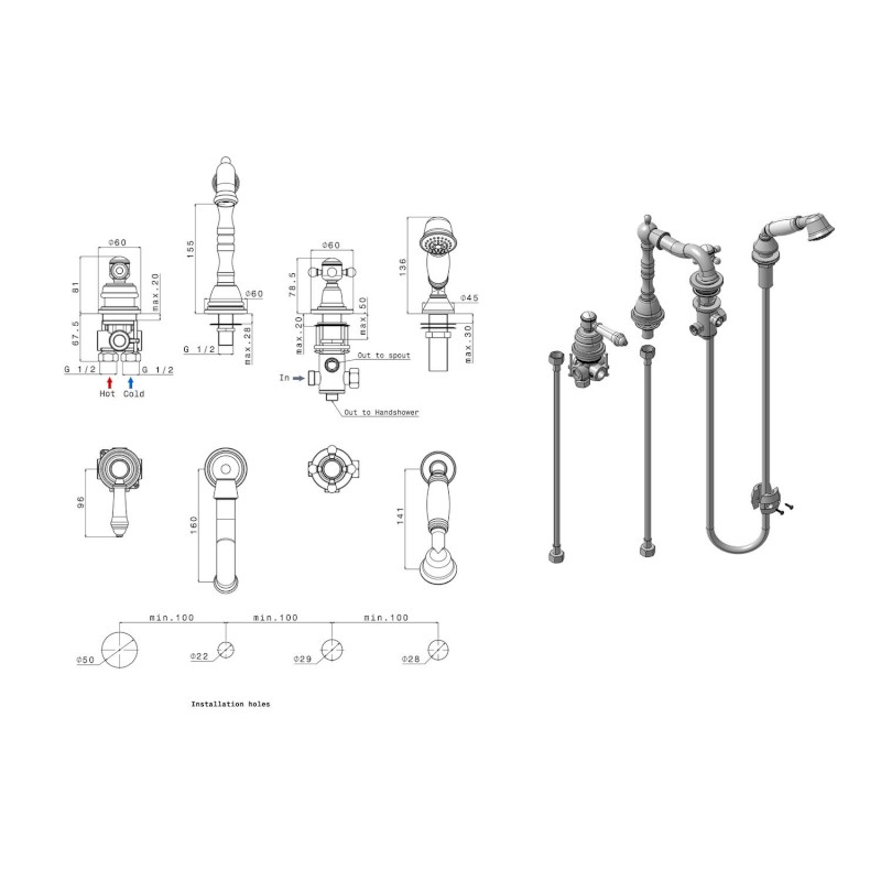 VIENNA čtyřprvková baterie na okraj vany s retro hubicí, bronz VO930BR