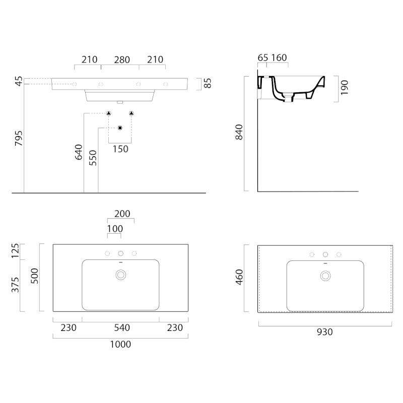 NUBES keramické umyvadlo 100x50cm, s odkládacími plochami, bez otvoru, bílá ExtraGlaze 9651011