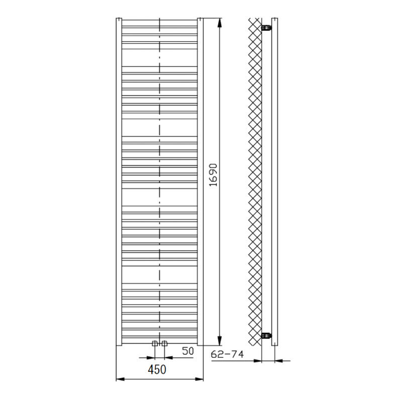 TONDI otopné těleso rovné 450x1690 mm, středové připojení, černá mat DT446T
