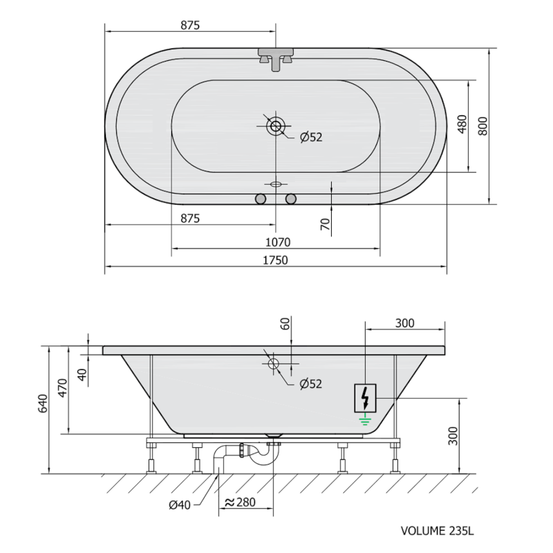 VIVA O hydromasážní vana, 175x80x47cm, Active Hydro-Air, chrom 79119.2010