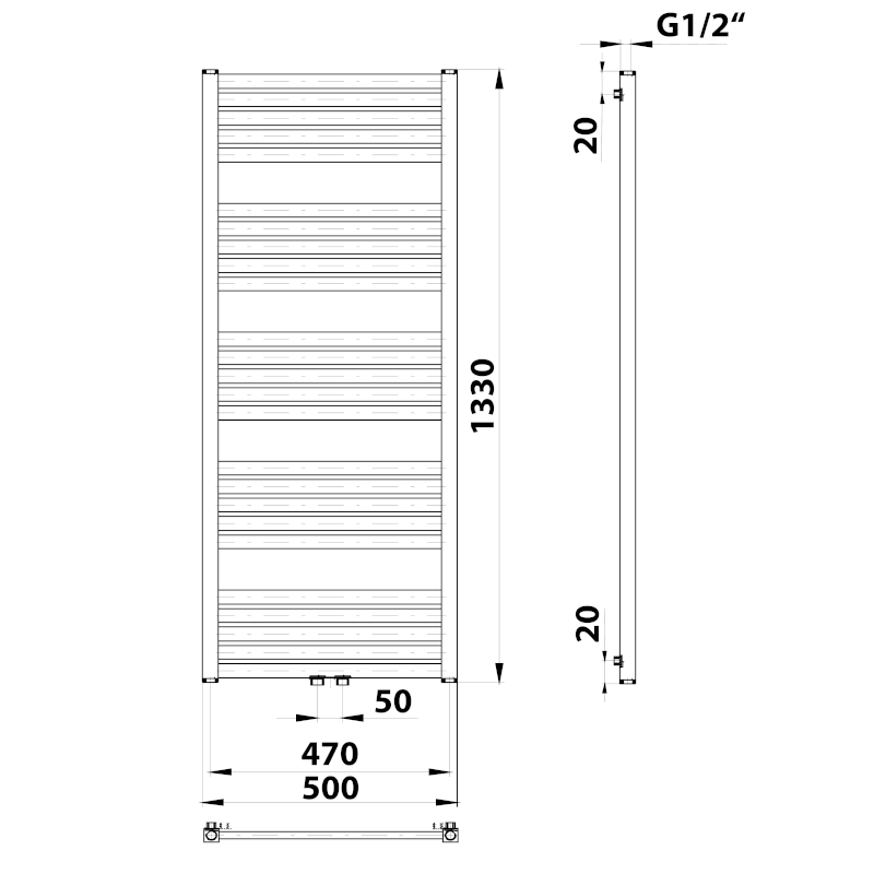 GRUNT otopné těleso rovné 500x1330 mm, středové připojení, černá mat 600.122.6