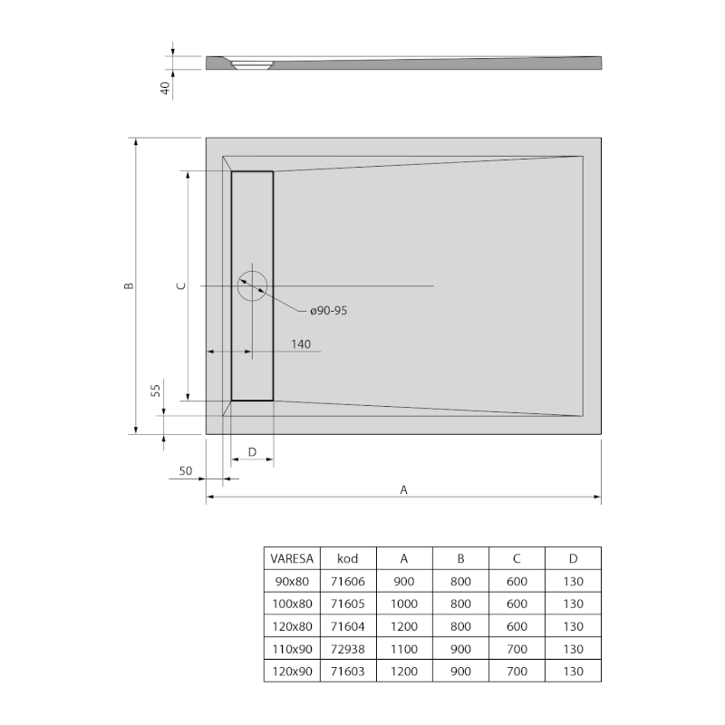 VARESA sprchová vanička z litého mramoru se záklopem, obdélník 90x80cm, bílá 71606