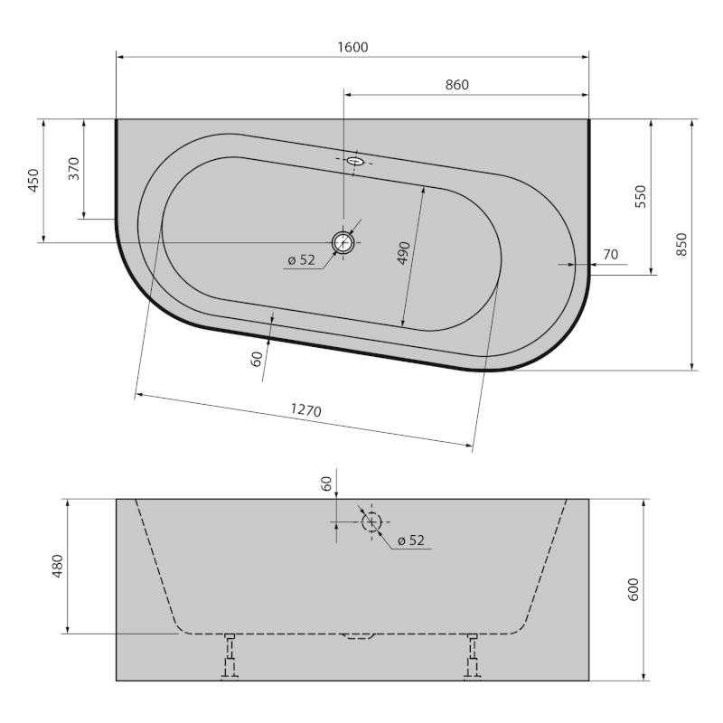 ASTRA WDR MONOLITH nástěnná stojící vana 160x85x60cm, bílá 31611MDR