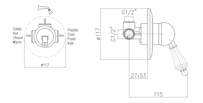 KIRKÉ CRYSTAL podomítková sprchová baterie, 1 výstup, páčka krystal, zlato KI41KZ