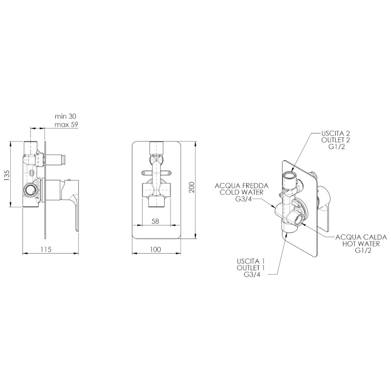 PAX podomítková sprchová baterie, 2 výstupy, černá mat XA42/15